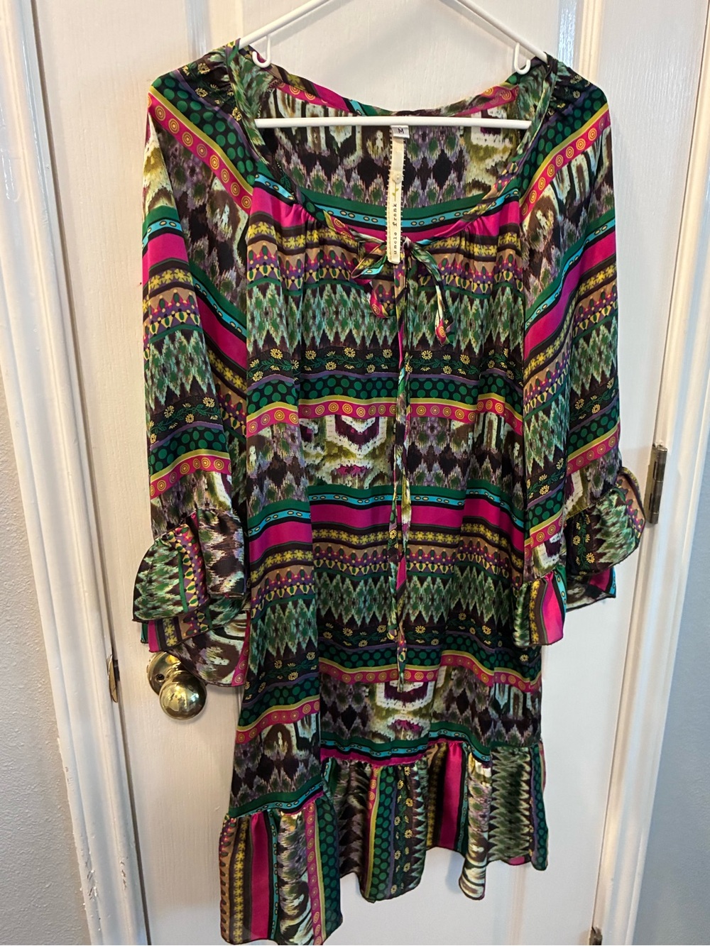 Uncle Frank Multicolor Printed Long-Sleeve Boho Dress - Green, Pink, Teal